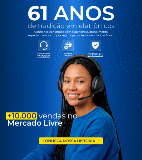 Banner institucional da Eletrônica Santana destacando 61 anos de tradição em eletrônicos, mais de 10 mil vendas no Mercado Livre e atendimento especializado.