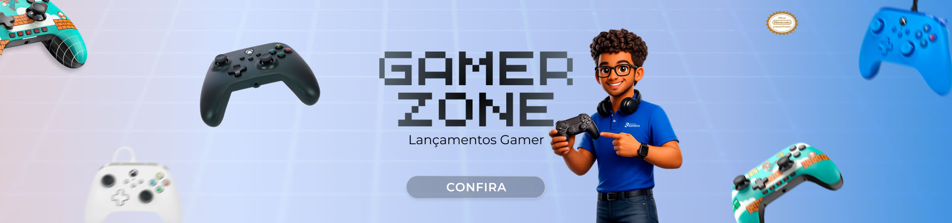Banner Gamer Zone da Eletrônica Santana com lançamentos gamer, personagem segurando controle e chamada para conferir produtos..