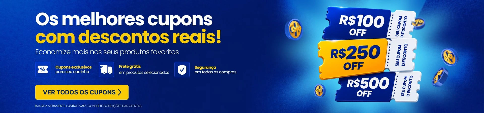 Cupons de desconto Eletrônica Santana com ofertas de R$100, R$250 e R$500 OFF em produtos selecionados.