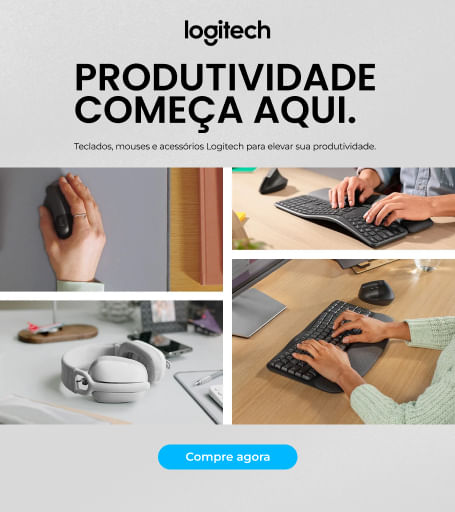 Produtos Logitech como mouses, teclados e acessórios para computador.