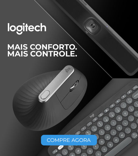 Produtos Logitech como mouses, teclados e acessórios para computador.