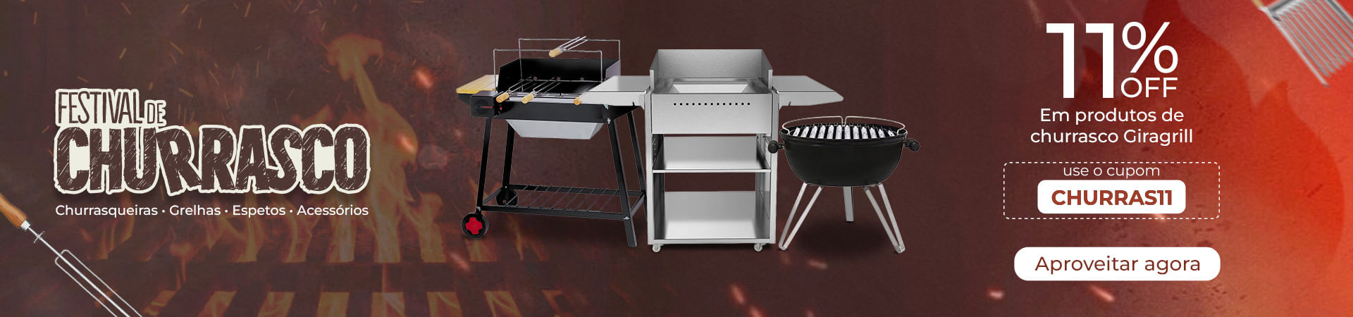 Banner Festival de Churrasco com churrasqueiras e acessórios Giragrill; 11% OFF com cupom CHURRAS11.