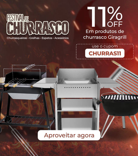 Banner Festival de Churrasco com churrasqueiras e acessórios Giragrill; 11% OFF com cupom CHURRAS11.