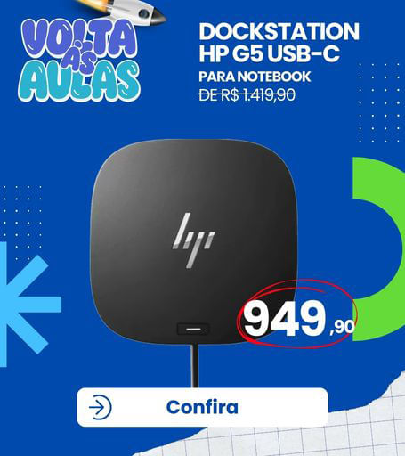 Dockstation HP G5 USB-C para notebook com múltiplas portas para conexão de monitores, periféricos e carregamento