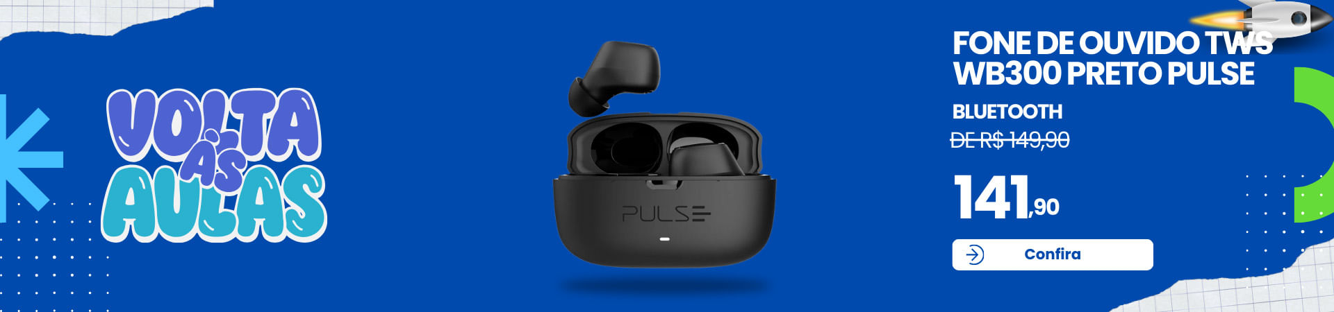 Fone de ouvido Bluetooth TWS Pulse WB300 preto com estojo de carregamento e conexão sem fio