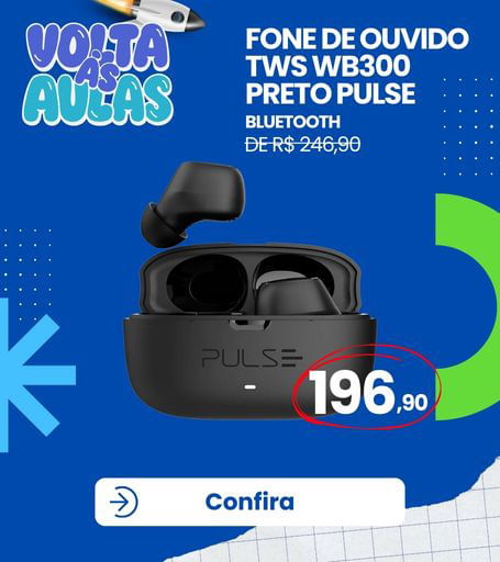 Fone de ouvido Bluetooth TWS Pulse WB300 preto com estojo de carregamento e conexão sem fio