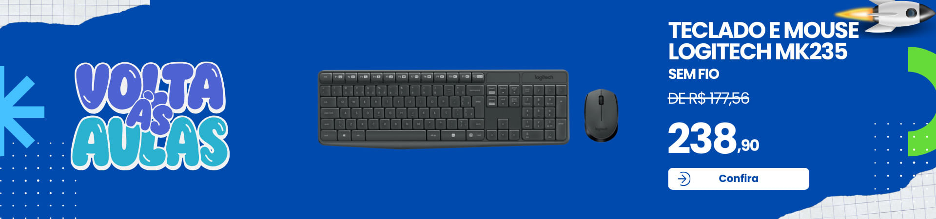 Teclado e mouse sem fio Logitech MK235 com conexão USB e layout completo para uso diário