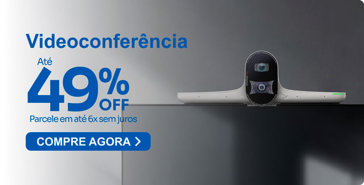 Banner de videoconferência com até 49% OFF em equipamentos para reuniões online.