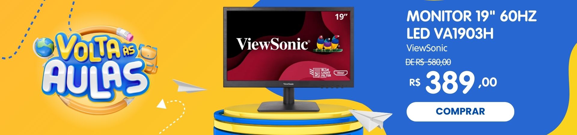 Monitor ViewSonic com tela plana, bordas finas e base ajustável, ideal para trabalho e entretenimento.
