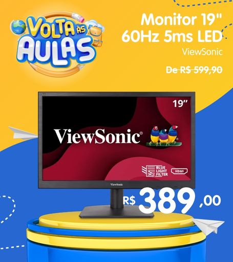 Monitor ViewSonic com tela plana de alta definição, bordas finas, base estável e acabamento preto.