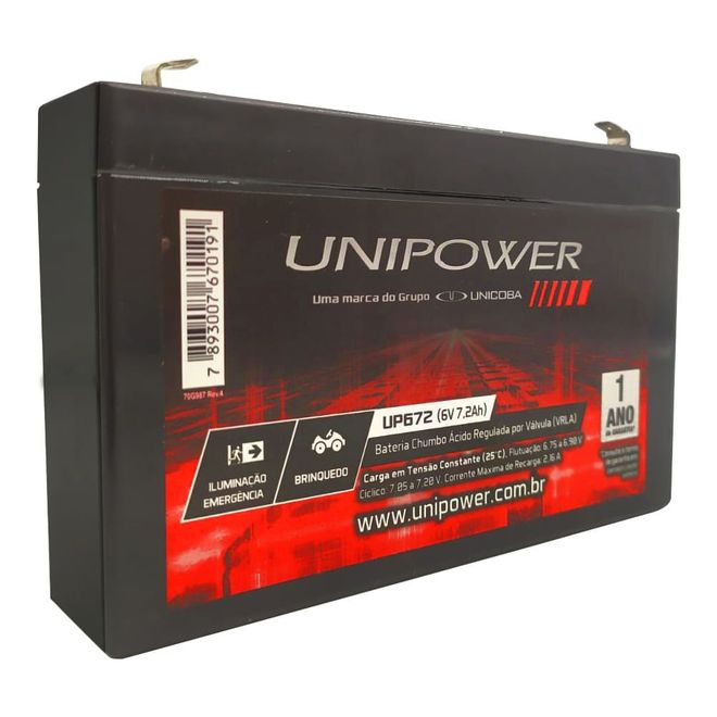 Bateria Selada Unipower Estacionária VRLA 6V 7,2Ah UP672