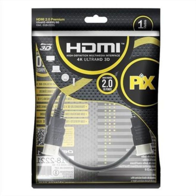 Cabo HDMI 2.0 19 pinos 4K Ultra HD 1m PIX Cabo HDMI 2.0 19 pinos 4K Ultra HD 1m PIX