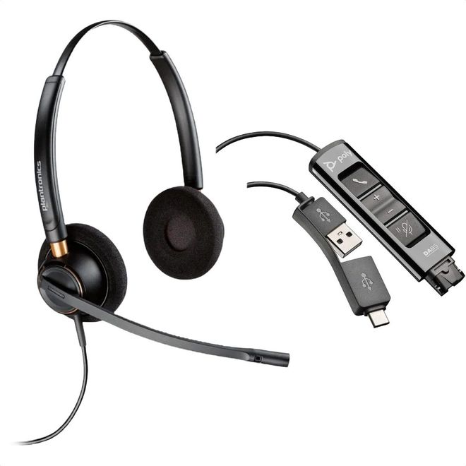 Kit Headset Encorepro HW520 89434-02 Plantronics + Adaptador Digital USB-A/C para QD DA85 218267-01 Poly