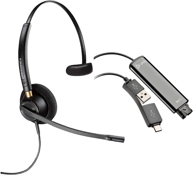 Kit Headset Encorepro HW510 Mono 89435-01 Poly + Adaptador de Áudio USB-A USB-C DA75 218266-01 Poly