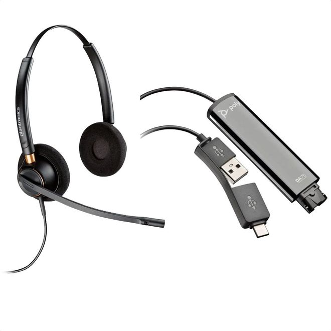 Kit Headset Encorepro HW520 89434-02 Plantronics + Adaptador de Áudio USB-A/C DA75 218266-01 Poly