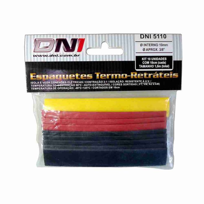 Tubo Termo Retrátil (Espaguete) 10,0 Mm De Diâmetro Interno E Contração 2:1 Pct. C/10 Uns. Cores Sortidas 5110 DNI