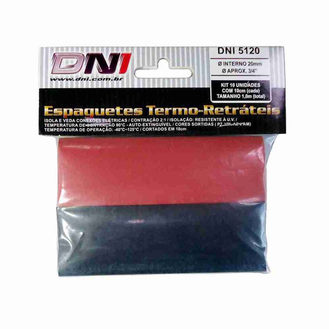 Tubo Termo Retrátil (Espaguete) 20,0 Mm De Diâmetro Interno E Contração 2:1 Pct. C/10 Uns. Cores Sortidas 5120 DNI