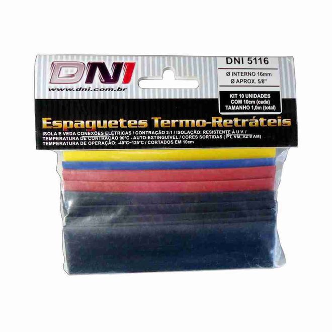 Tubo Termo Retrátil (Espaguete) 16,0 Mm De Diâmetro Interno E Contração 2:1 Pct. C/10 Uns. Cores Sortidas 5116 DNI