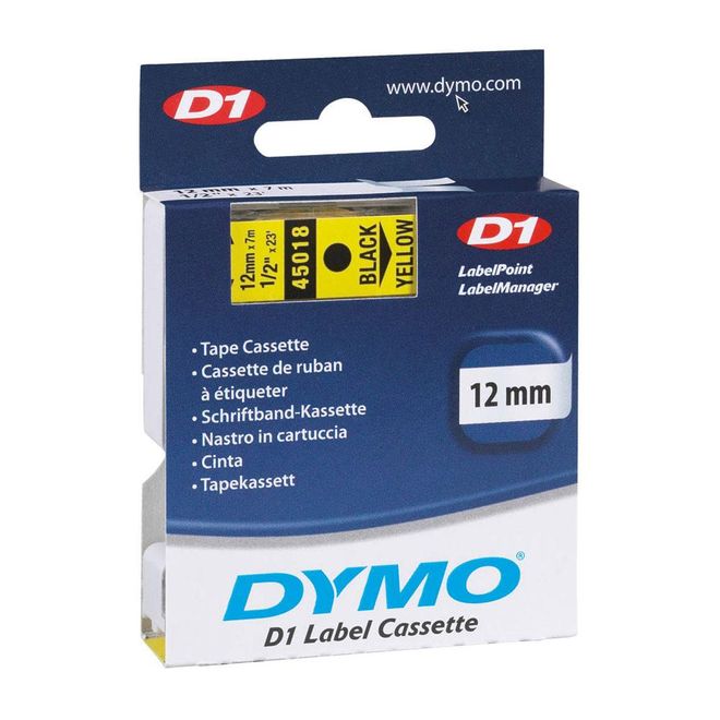 Fita-para-Rotulador-D1-Label-Cassette-Autoadesiva-Poliester-12mm-x-7m-Preto-Amarelo-45018---Dymo Fita-para-Rotulador-D1-Label-Cassette-Autoadesiva-Poliester-12mm-x-7m-Preto-Amarelo-45018---Dymo